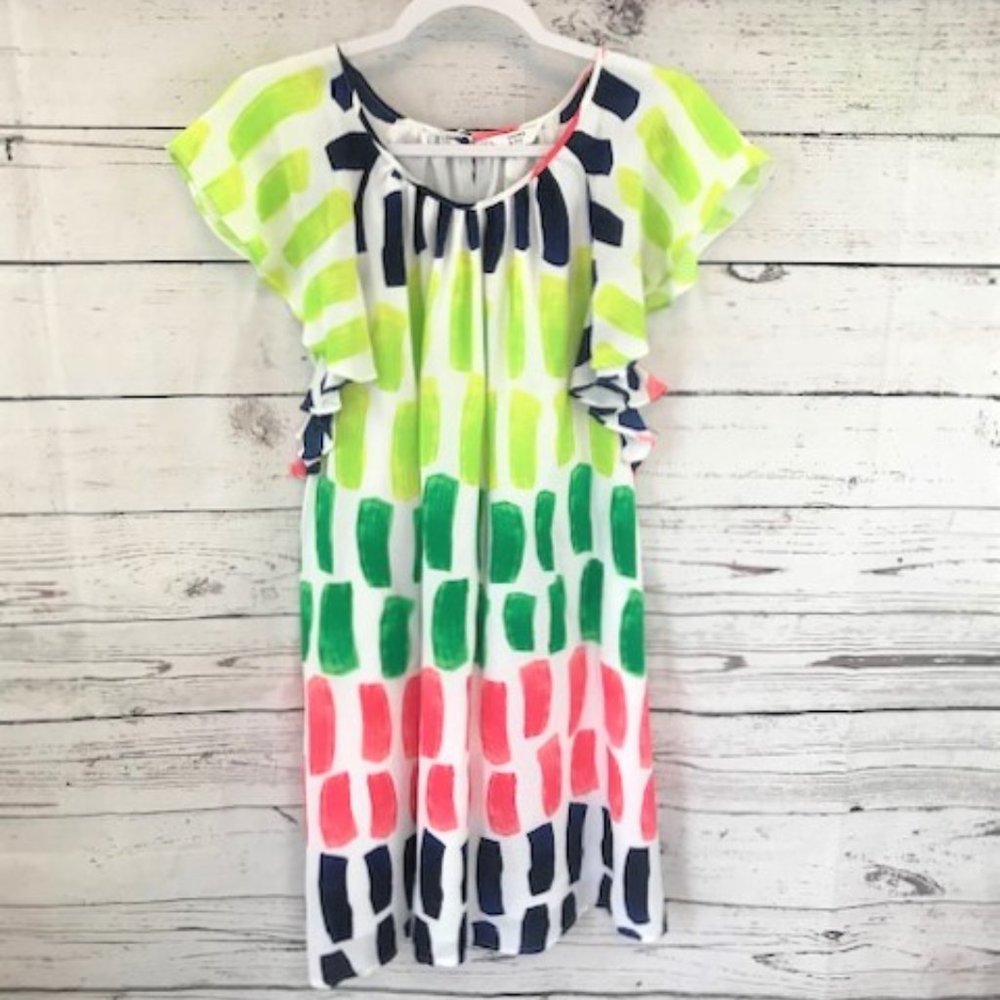 Crown & Ivy bright geometric ruffle shift dress - Picture 1 of 6